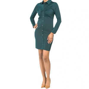 Melloday teal green silky shirt dress Gold buttons women’s size S NWT